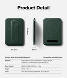 Card Holder | Slide Grip Wallet Magnetic - Technical diagram showing dimensions and material specs of a dark green magnetic wallet.