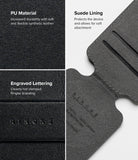Card Holder | Slide Grip Wallet Magnetic Edge - Card Holder - Close-up of black PU leather texture, suede lining, and Ringke engraved branding on a magnetic wallet.
