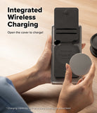 Card Holder | Slide Grip Wallet Magnetic Edge - Hands holding a phone with an open magnetic wallet cover for wireless charging.