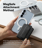 Card Holder | Slide Grip Wallet Magnetic Edge - Hand attaching a black magnetic wallet to a clear phone case.