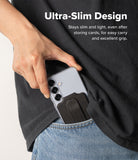 Card Holder | Slide Grip Wallet Magnetic Edge - A hand sliding a slim phone with a black card holder into a jeans pocket.