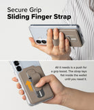 Card Holder | Slide Grip Wallet Magnetic Edge - Hand holding a phone with a grey magnetic wallet featuring a sliding strap.