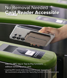 Card Holder | Slide Grip Wallet Magnetic Edge - Card Holder - Hand holding a phone with a magnetic wallet attached, tapping it against a subway turnstile card reader.