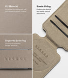Card Holder | Slide Grip Wallet Magnetic Edge - Close-up of PU leather texture, suede lining, and Ringke branding.