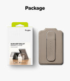 Card Holder | Slide Grip Wallet Magnetic Edge - Retail packaging next to a taupe magnetic phone wallet with a slide grip.