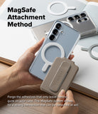 Card Holder | Slide Grip Wallet Magnetic Edge - Hand holding a magnetic wallet near a phone case with a MagSafe ring.