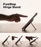 Card Holder | Slide Grip Wallet Magnetic Edge - A hand adjusts a phone's magnetic hinge stand to various viewing angles.