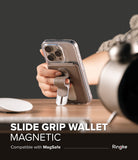 Card Holder | Slide Grip Wallet Magnetic - Hand holding a smartphone with a taupe magnetic slide grip wallet attached.