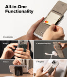 Card Holder | Slide Grip Wallet Magnetic - Collage showing wallet features: card storage, finger grip, charging, and stand.