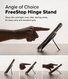 Card Holder | Slide Grip Wallet Magnetic - A hand adjusts a phone on a magnetic stand at various viewing angles.
