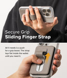 Card Holder | Slide Grip Wallet Magnetic - Hand holding a phone with a grey magnetic wallet featuring a sliding strap.