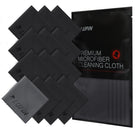 Microfiber Cleaning Cloth [Small] - Stack of black microfiber cloths with Lupin logo next to a branded retail packaging pouch.