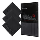 Microfiber Cleaning Cloth [Small] - Three black microfiber cloths with Lupin branding next to a matching black retail package.