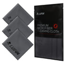 Microfiber Cleaning Cloth [Small] - Three gray microfiber cloths with pinked edges and Lupin branding next to a black retail pouch.