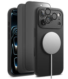 [Bundle] iPhone 17 Pro Max | Silicone Magnetic - Black silicone case, screen protector, and magnetic charger.