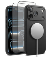 [Bundle] iPhone 17 Pro Max | Silicone Magnetic - Black silicone case with MagSafe charger and screen protector.
