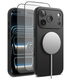 [Bundle] iPhone 17 Pro | Silicone Magnetic - iPhone 17 Pro | Silicone Magnetic - Black silicone case with MagSafe charger and two glass screen protectors.