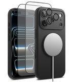 [Bundle] iPhone 17 Pro Max | Silicone Magnetic - Black silicone case, screen protector, and magnetic charger.