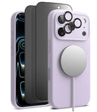 [Bundle] iPhone 17 Pro Max | Silicone Magnetic - iPhone 17 Pro Max | Silicone Magnetic - Lavender silicone case with MagSafe charger, screen protector, and lens rings.