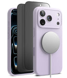 [Bundle] iPhone 17 Pro | Silicone Magnetic - Lavender silicone case with magnetic charger attached to an iPhone with screen protector.