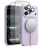 [Bundle] iPhone 17 Pro | Silicone Magnetic - Lavender silicone case with MagSafe charger, screen protector, and lens covers.