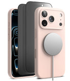 [Bundle] iPhone 17 Pro Max | Silicone Magnetic - iPhone 17 Pro Max | Silicone Magnetic - Pink silicone case with magnetic charger and screen protector on a smartphone.