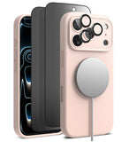 [Bundle] iPhone 17 Pro Max | Silicone Magnetic - iPhone 17 Pro Max | Silicone Magnetic - Light pink phone case with MagSafe charger, screen protector, and lens rings.