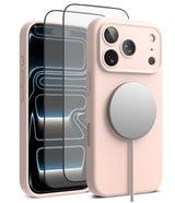 [Bundle] iPhone 17 Pro Max | Silicone Magnetic - Pink silicone case with MagSafe charger and screen protector.