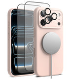 [Bundle] iPhone 17 Pro Max | Silicone Magnetic - iPhone 17 Pro Max | Silicone Magnetic - Pink silicone case with MagSafe charger, screen protector, and lens covers.