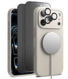 [Bundle] iPhone 17 Pro | Silicone Magnetic - Beige silicone case with MagSafe charger, screen protector, and lens rings.
