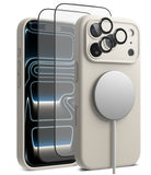 [Bundle] iPhone 17 Pro | Silicone Magnetic - iPhone 17 Pro | Silicone Magnetic - Beige phone case with MagSafe charger, screen protector, and camera lens covers.