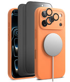 [Bundle] iPhone 17 Pro Max | Silicone Magnetic - Orange silicone case with MagSafe charger, screen protector, and lens rings.
