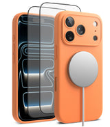 [Bundle] iPhone 17 Pro Max | Silicone Magnetic - iPhone 17 Pro Max | Silicone Magnetic - Orange silicone case with MagSafe charger and screen protector on a smartphone.