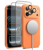 [Bundle] iPhone 17 Pro Max | Silicone Magnetic - iPhone 17 Pro Max - Orange silicone magnetic case with screen protector and camera lens covers attached to a MagSafe charger.