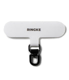 Holder Link Spin - White fabric phone tether tab with a black metal swivel clasp and Ringke logo on a white background.
