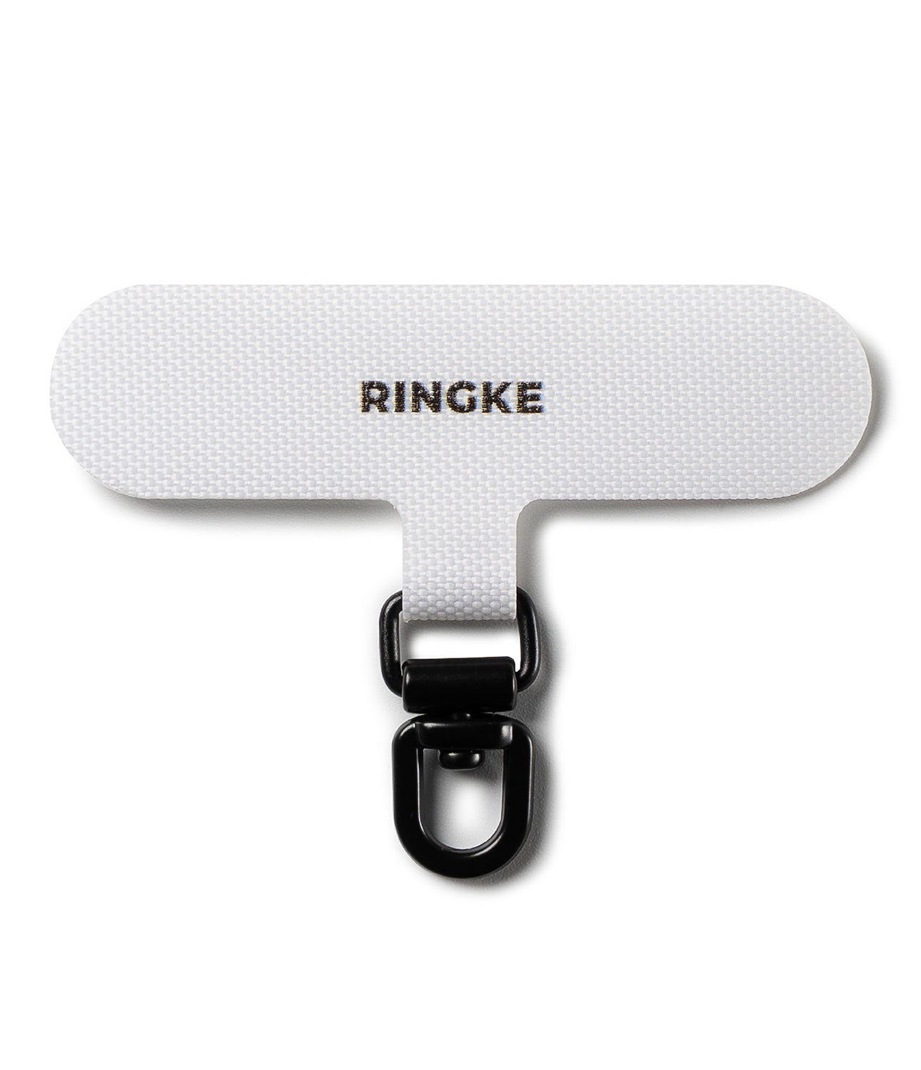 Holder Link Spin - White fabric phone tether tab with a black metal swivel clasp and Ringke logo on a white background.