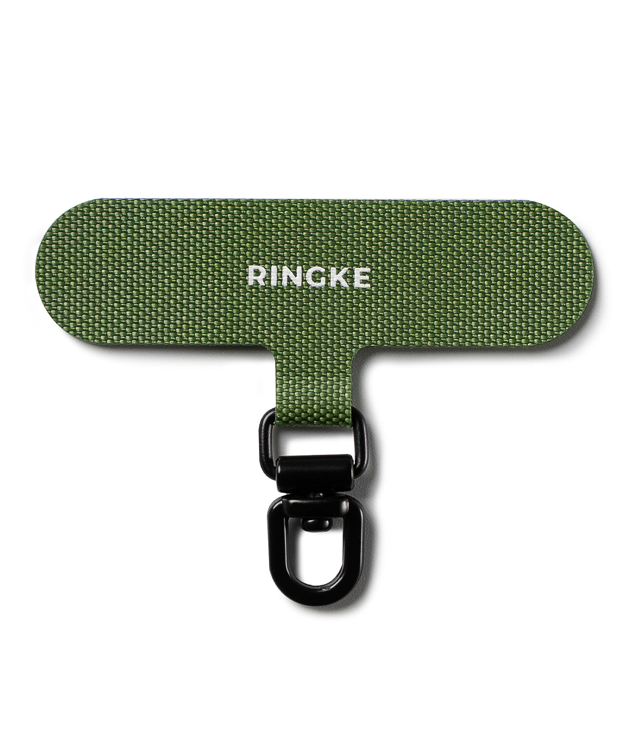 Holder Link Spin - Olive green fabric phone tether tab with a black metal swivel clip and white Ringke logo.