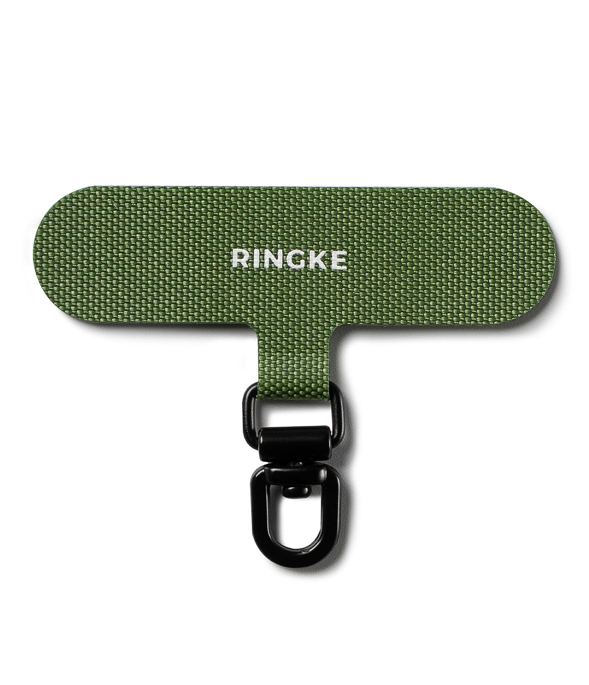 Holder Link Spin - Olive green fabric phone tether tab with a black metal swivel clip and white Ringke logo.
