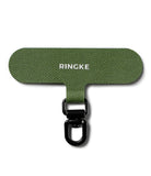 Holder Link Spin - Olive green fabric phone tether tab with a black metal swivel clip and white Ringke logo.