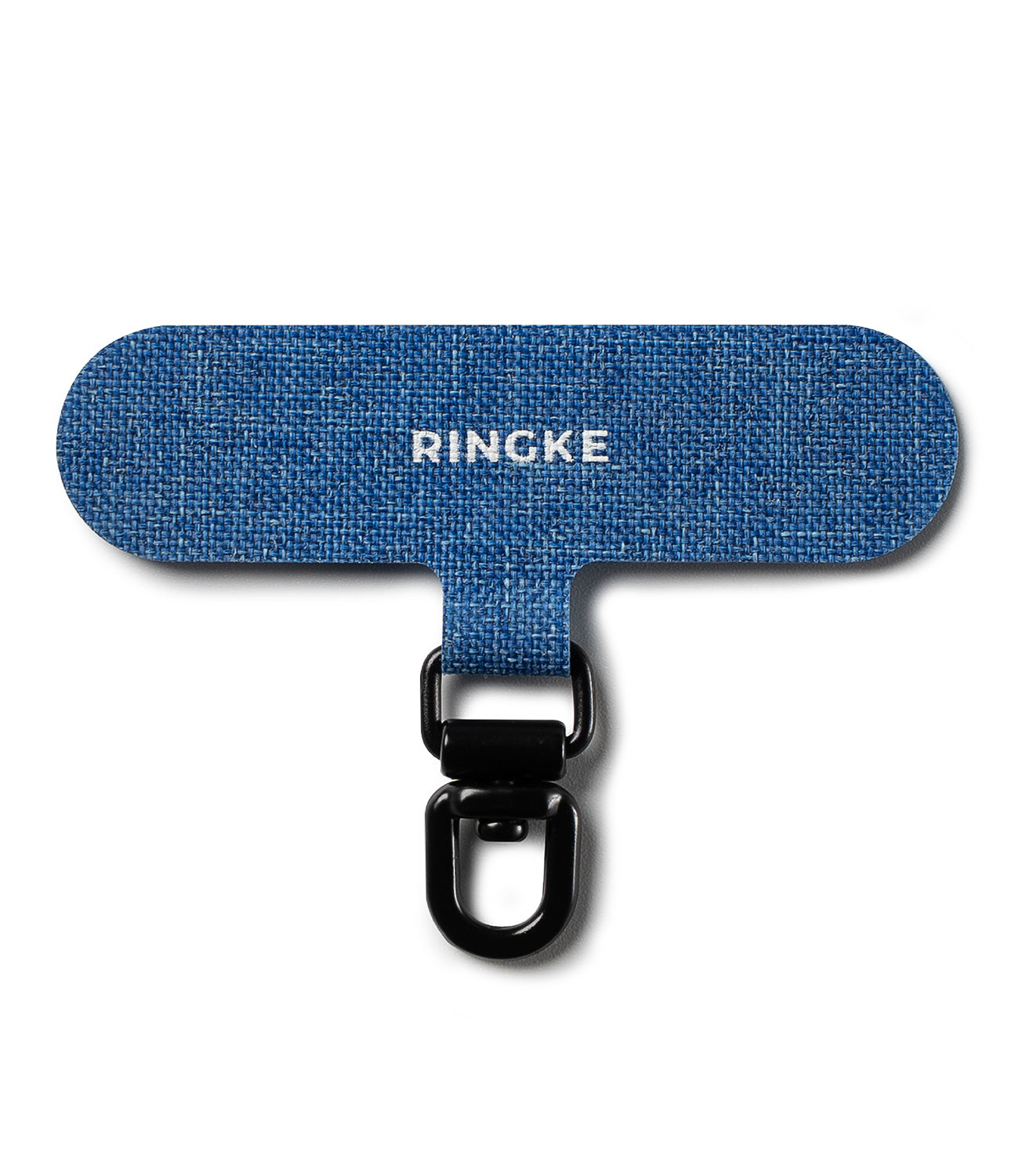 Holder Link Spin - Blue fabric phone tether tab with a black swivel metal ring attachment.