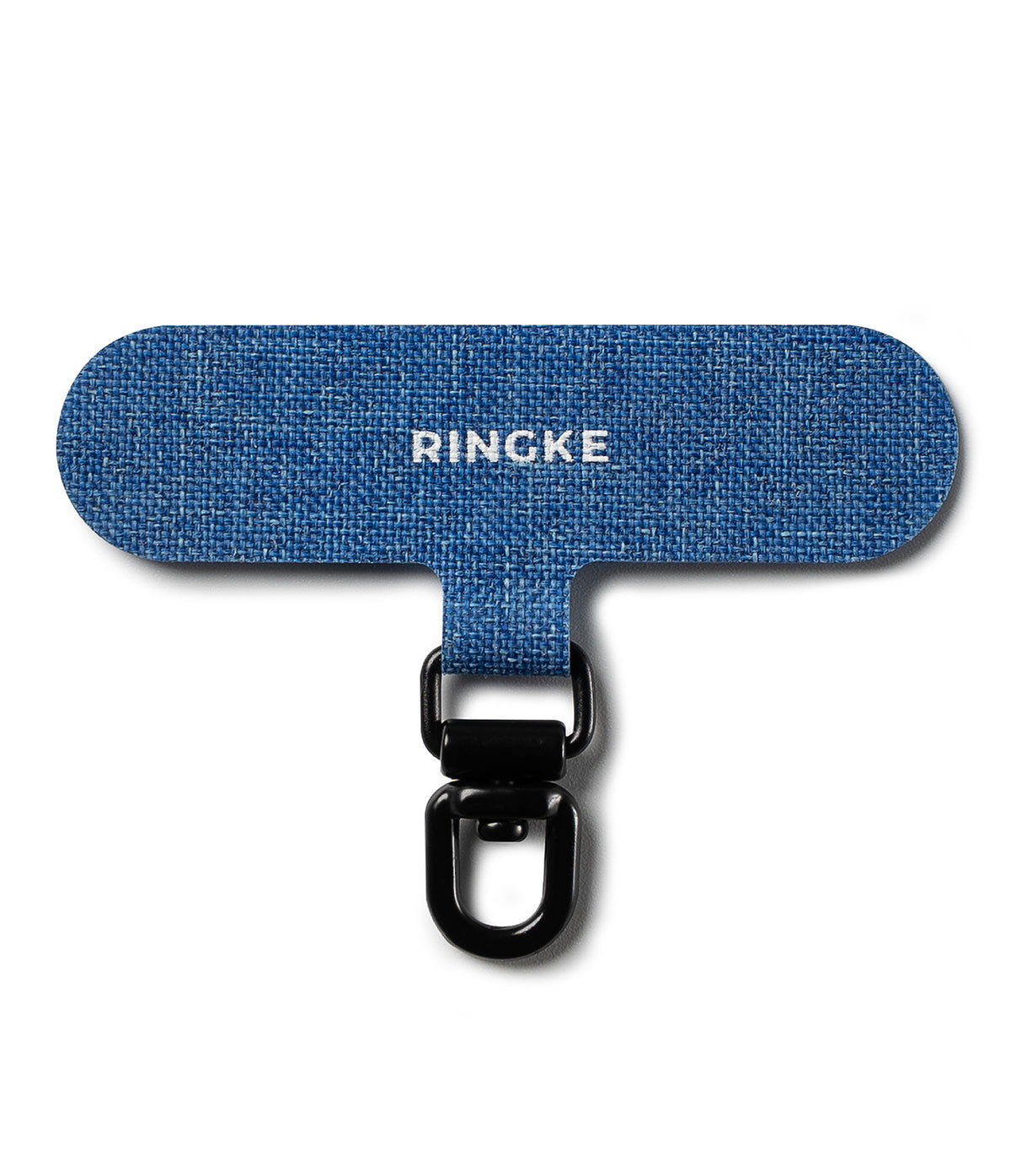 Holder Link Spin - Blue fabric phone tether tab with a black swivel metal ring attachment.