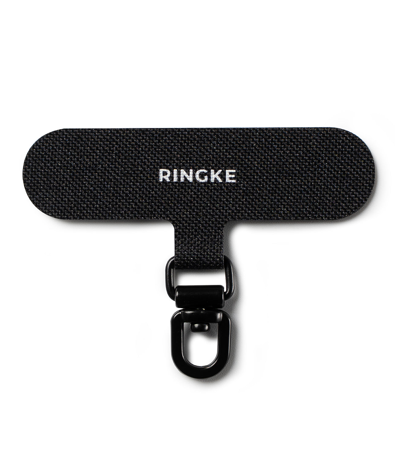 Holder Link Spin - Black fabric phone strap anchor with a white Ringke logo and a rotating metal swivel clip.