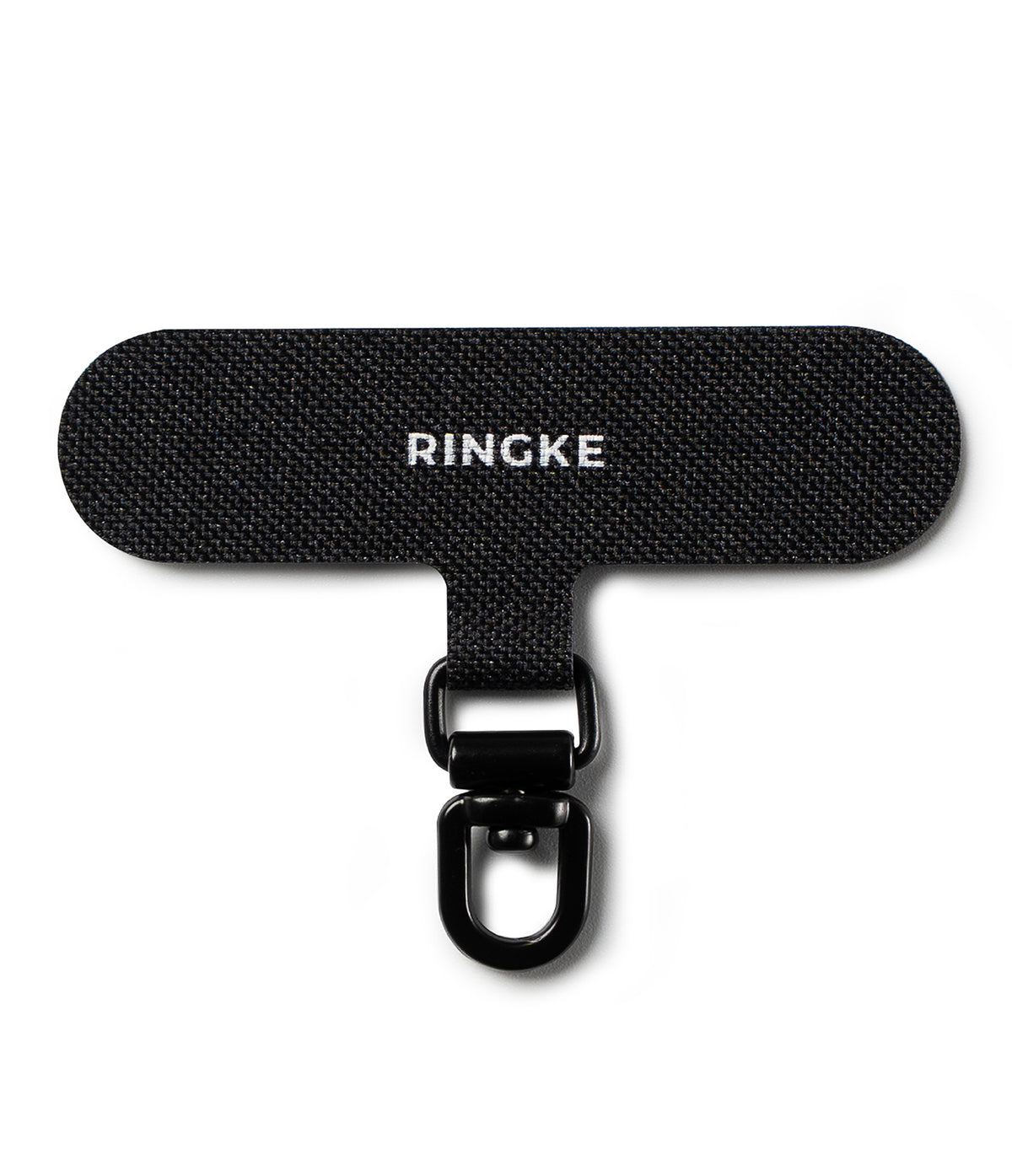 Holder Link Spin - Black fabric phone strap anchor with a white Ringke logo and a rotating metal swivel clip.