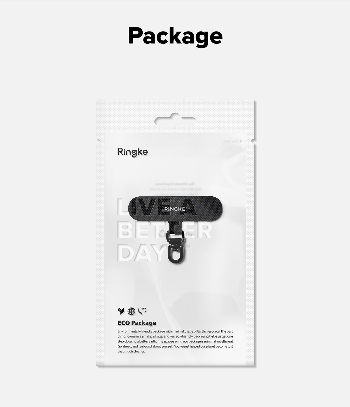 Holder Link Spin - A black Ringke phone strap in eco-friendly, minimalist white retail packaging.