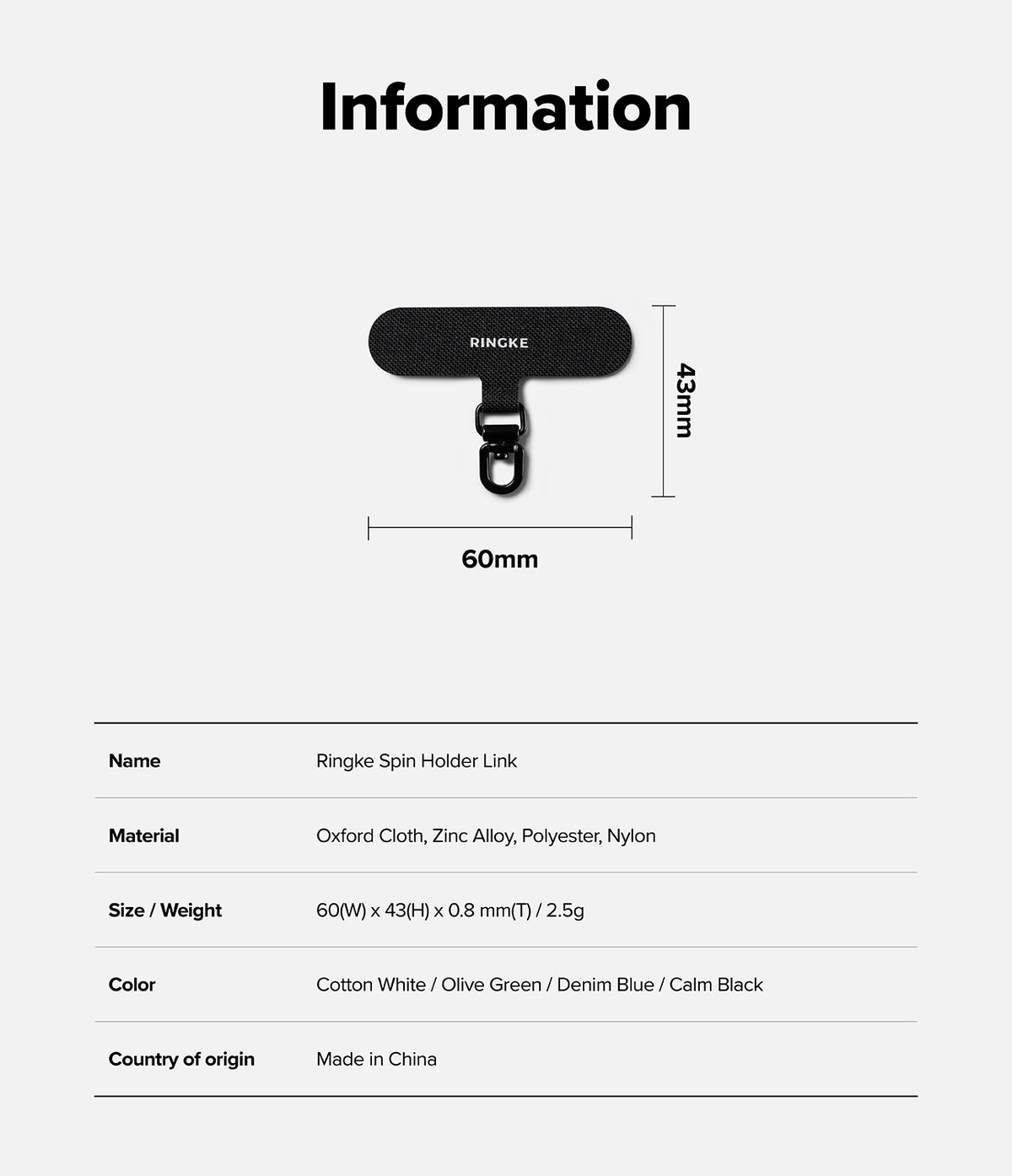 Holder Link Spin - Technical diagram of a black Ringke Spin Holder Link with dimensions 60mm by 43mm and material specs.