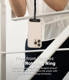 Holder Link Spin - Smartphone in a clear case with a 360-degree rotating strap connector hanging from a black lanyard.
