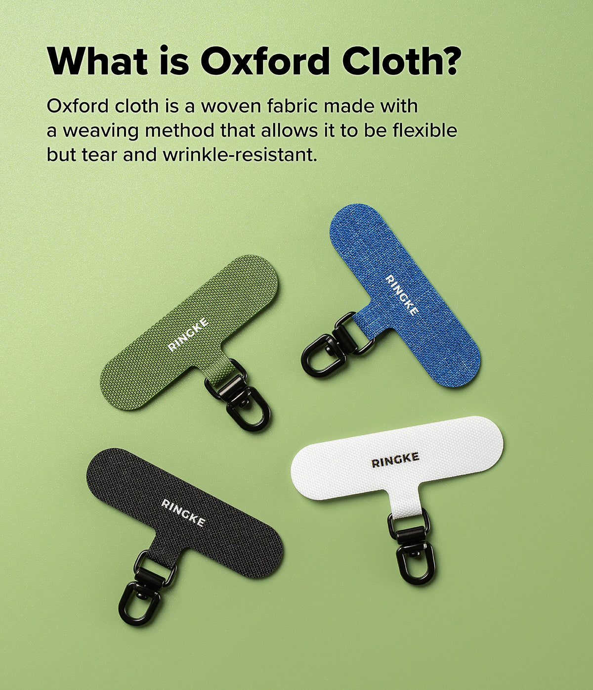 Holder Link Spin - Four Ringke Oxford cloth phone tether tabs in green, blue, black, and white on a green background.