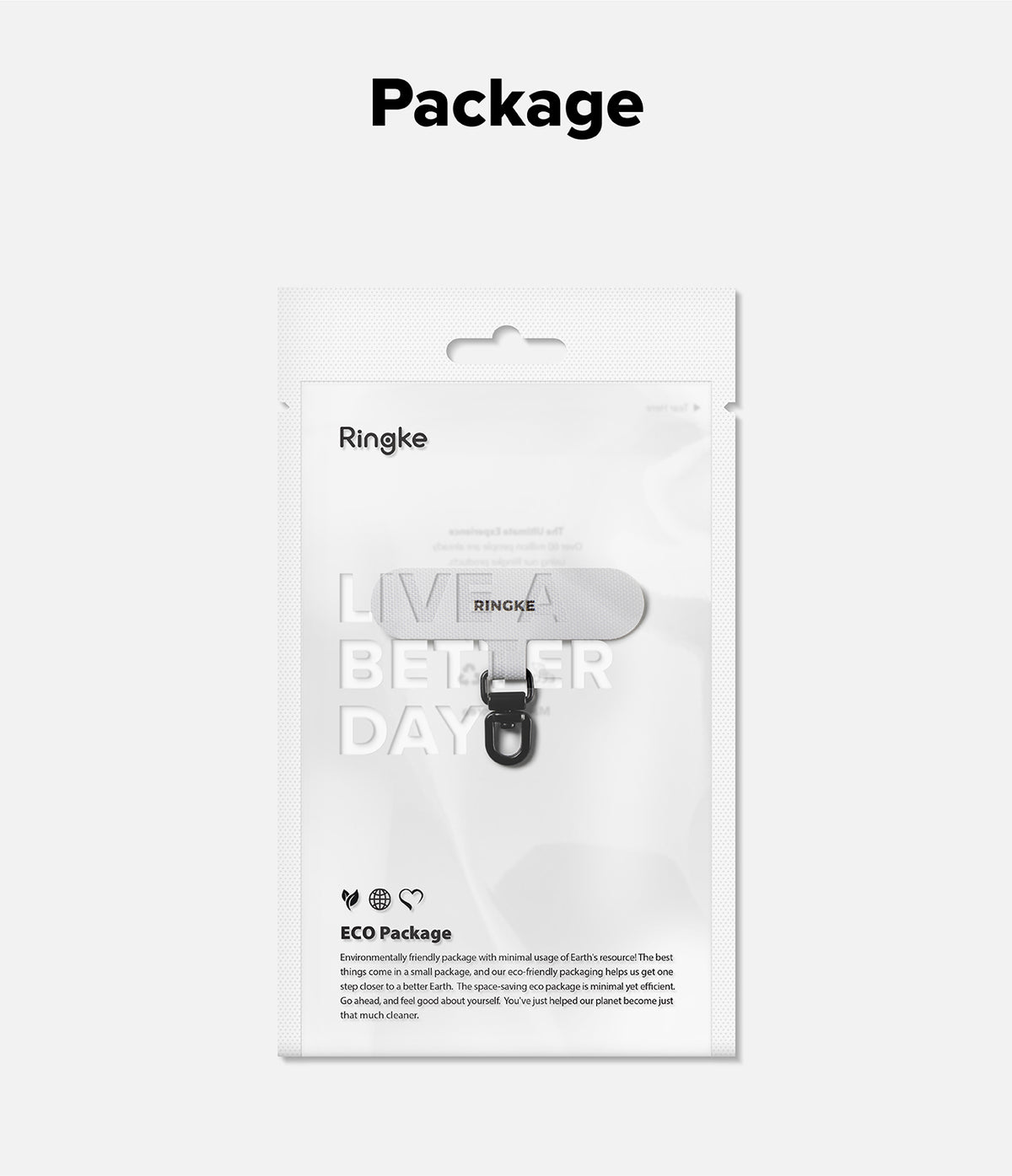 Holder Link Spin - Ringke eco-friendly packaging containing a white strap with a black metal ring attachment.