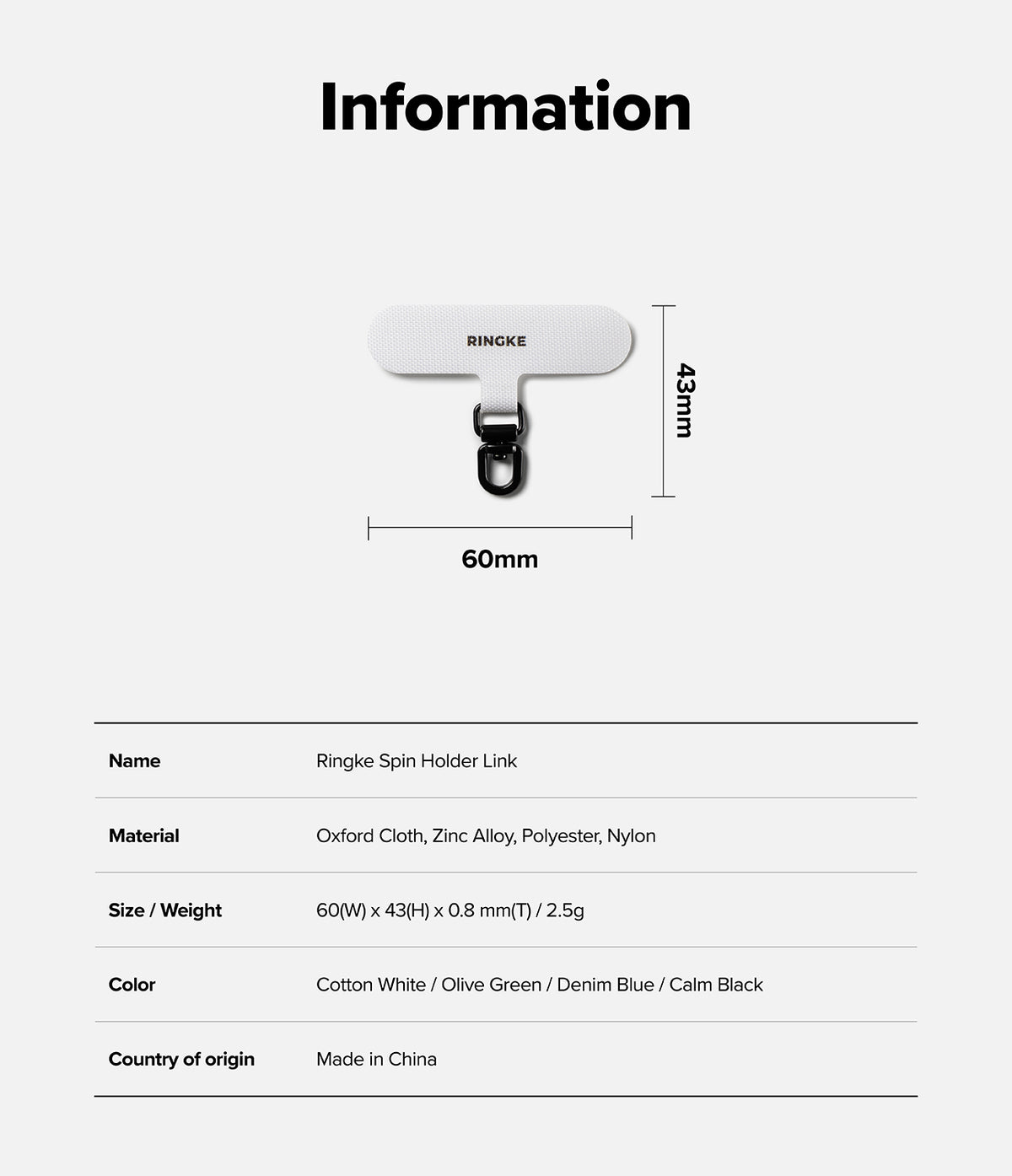 Holder Link Spin - White Ringke phone holder link with black metal clip, showing 60mm by 43mm dimensions and product specs.