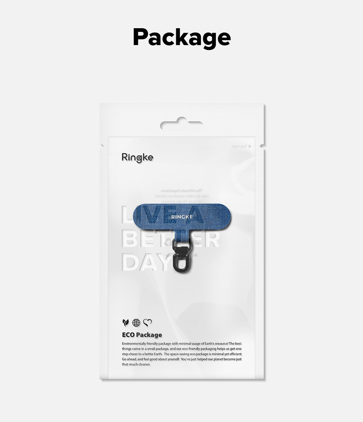 Holder Link Spin - Blue fabric phone holder with a black ring in eco-friendly Ringke retail packaging.